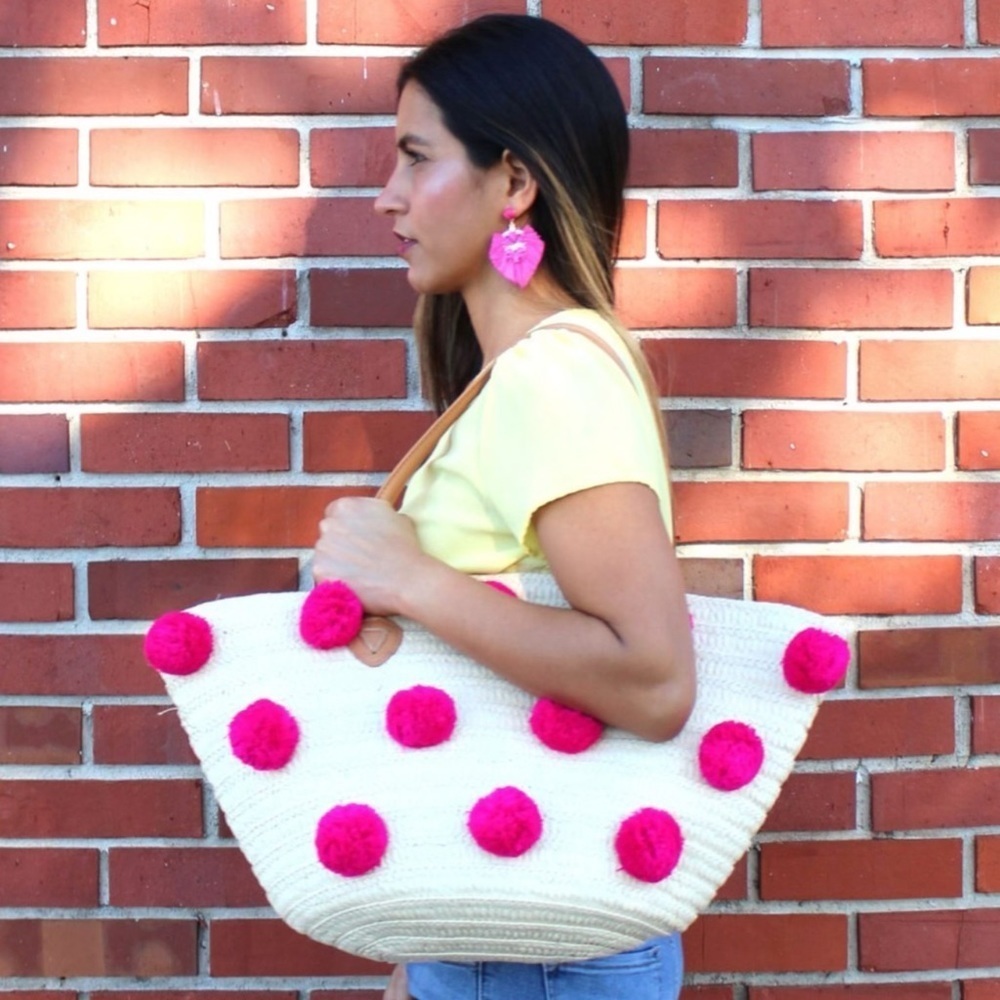 SHIRALEAH • Klo Pom Pom Straw Tote Beach Bohemian Shopper Bag - Picture 3 of 8